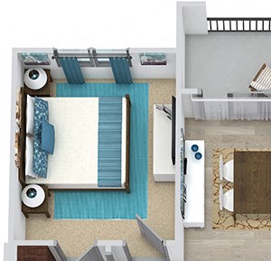 Walker 3D 3D Walker 1 Bedroom floor plan apartment with entry closet. L-shaped kitchen with island and pantry cabinet, open to living-dining area, 1 bath with and walk-in closet. in-unit laundry. balcony.